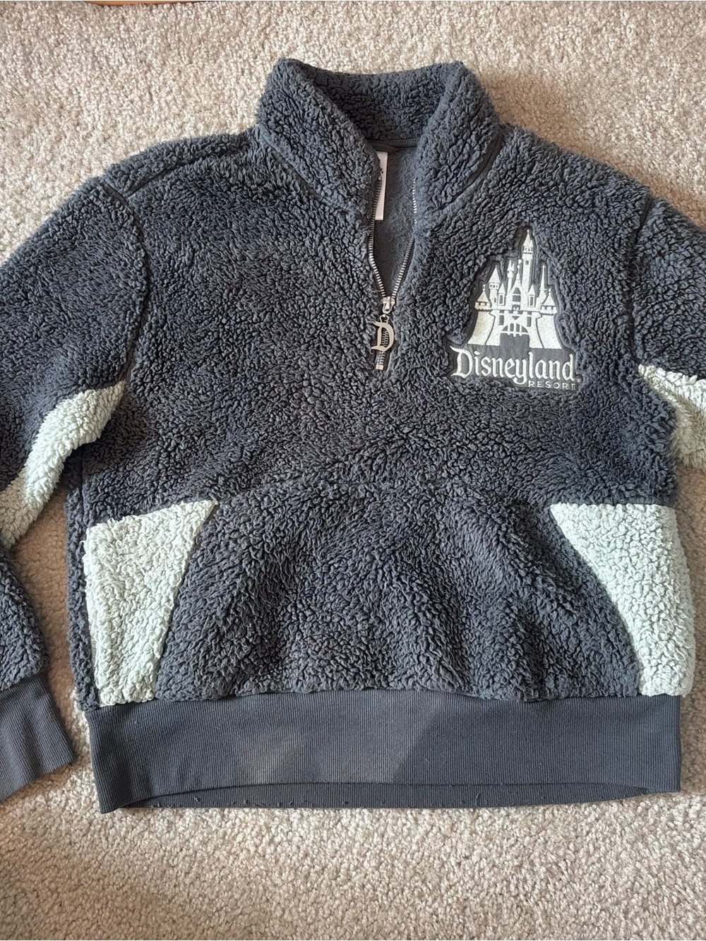 Disney Woman’s Dark Gray Sherpa Half-Zip Pullover with Castle Logo